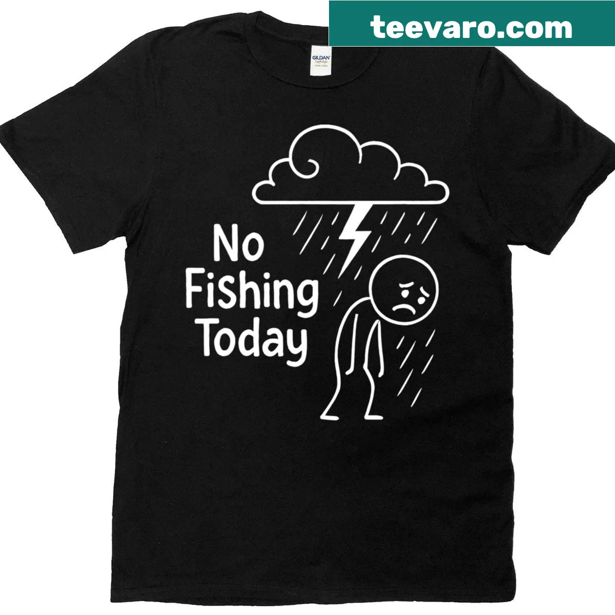 Funny T-shirt with sad stick man saying no fishing today — on a men's t-shirt