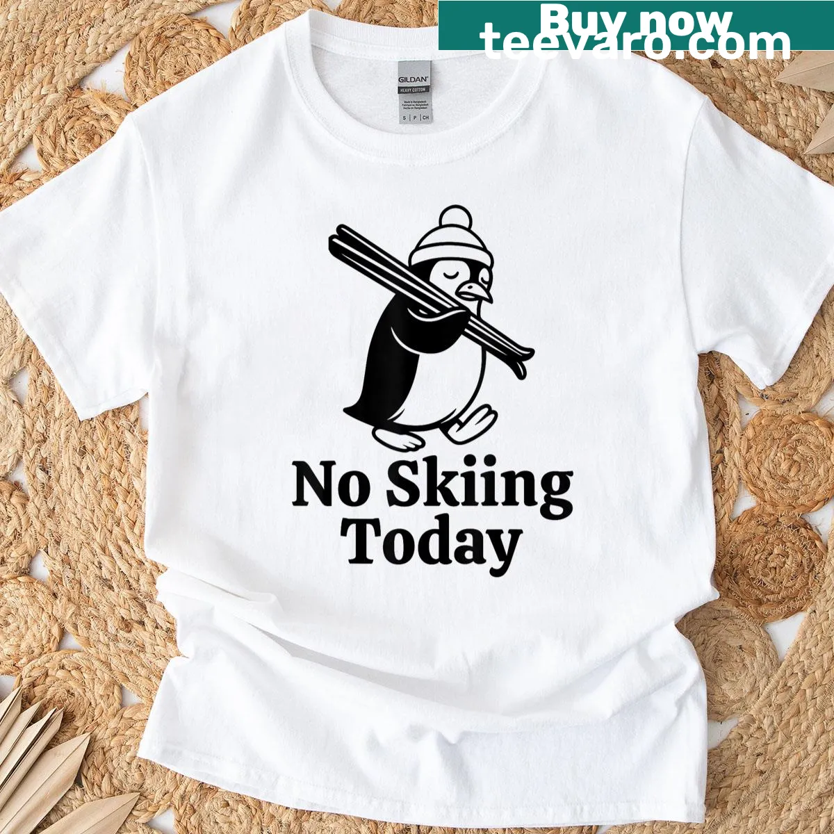Cartoon penguin with sad expression and 'No Skiing Today' text — on a men's t-shirt