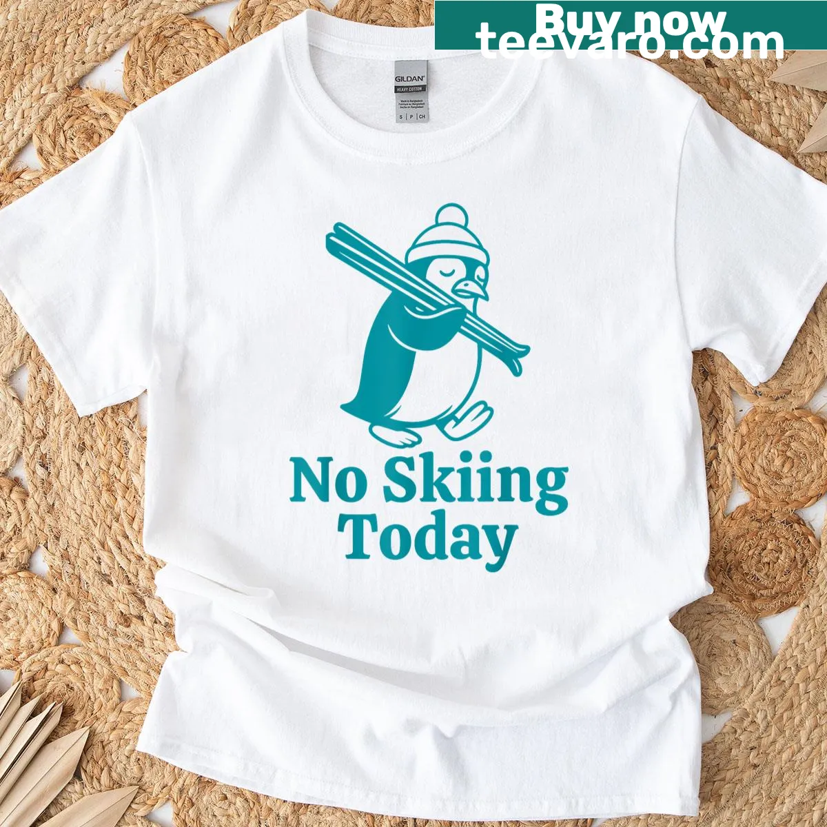 Cartoon penguin with skis and 'No Skiing Today' text — on a men's t-shirt