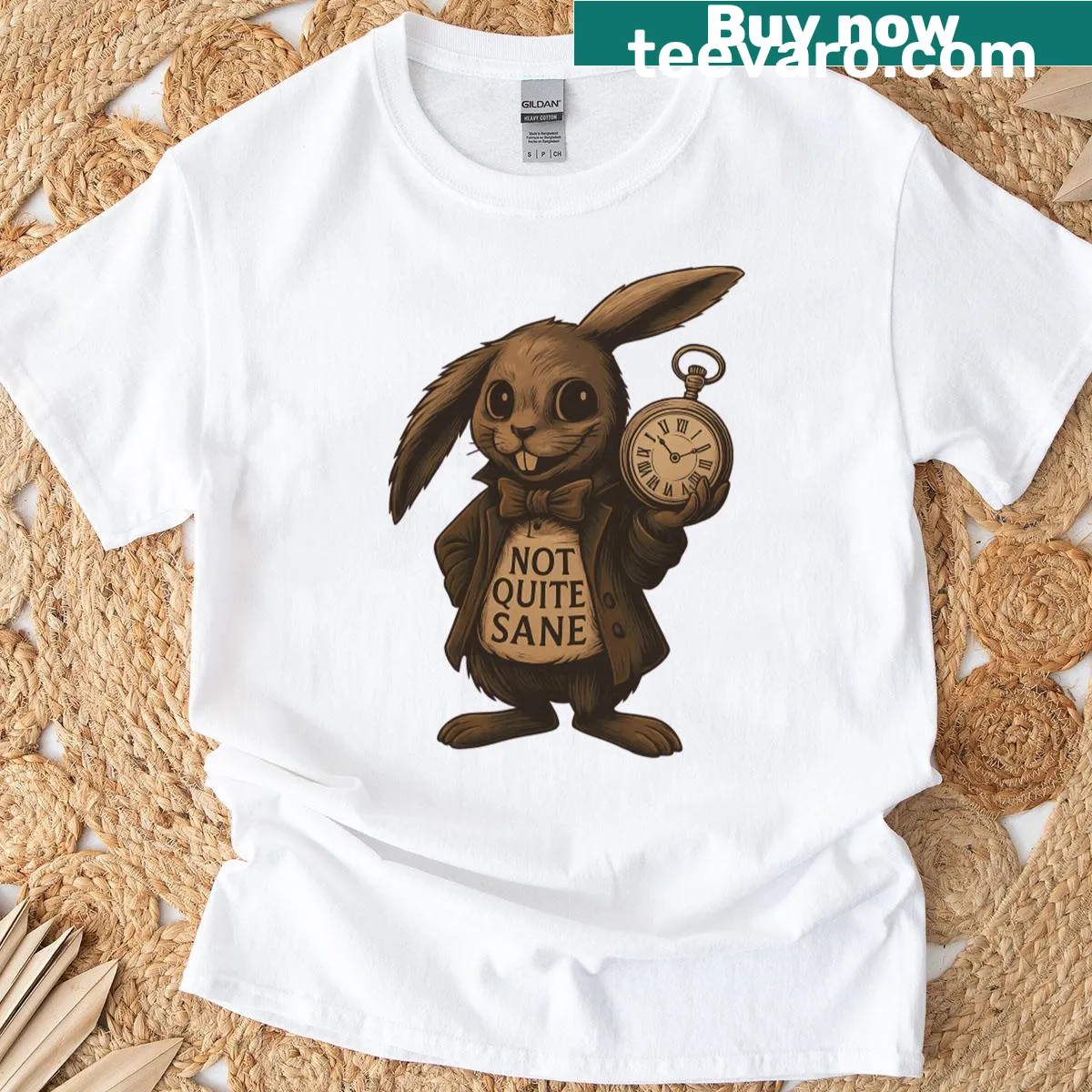 Whimsical rabbit illustration with vintage Wonderland themes — on a men's t-shirt
