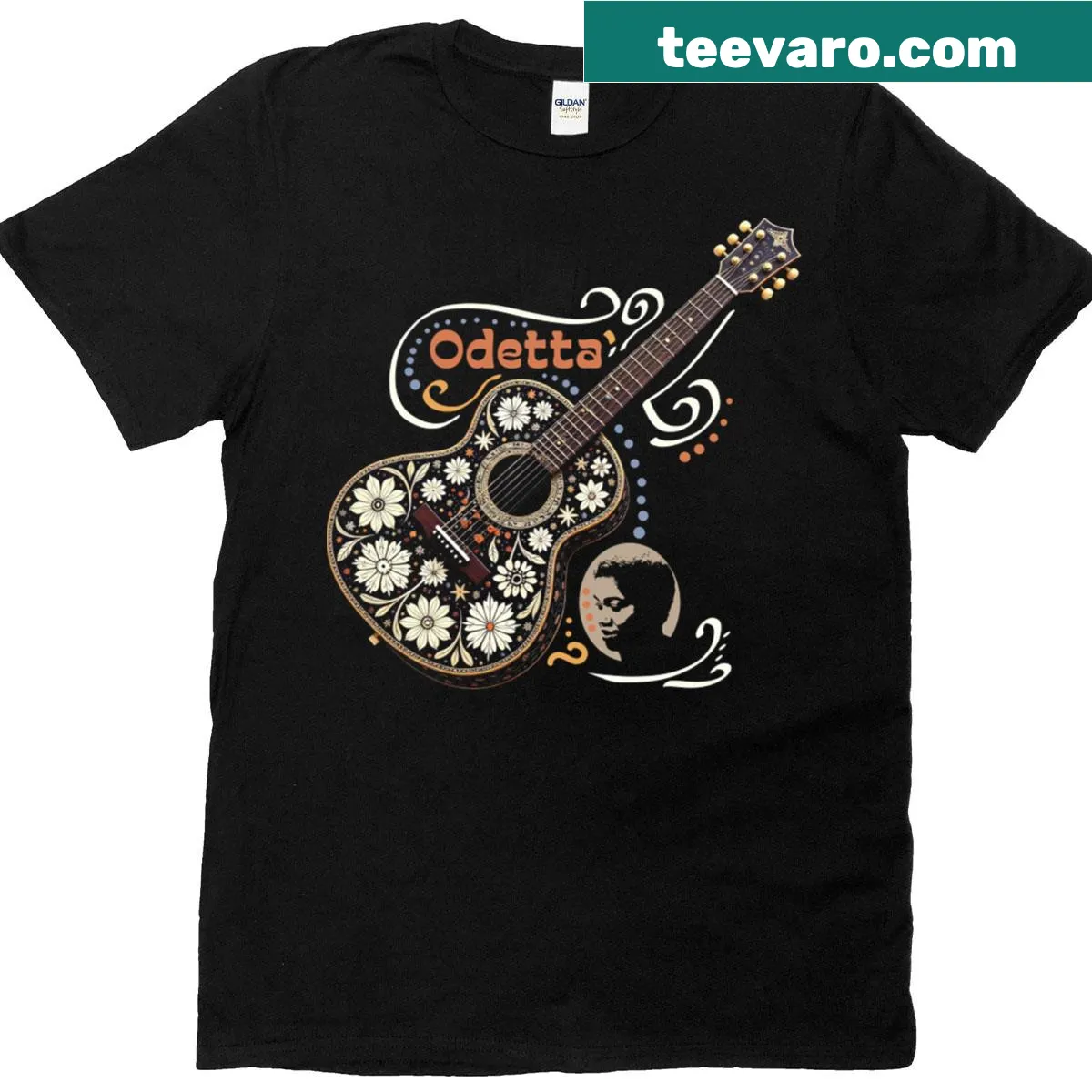 Vintage-style design honoring Odetta and folk music on T-shirt. — on a men's t-shirt