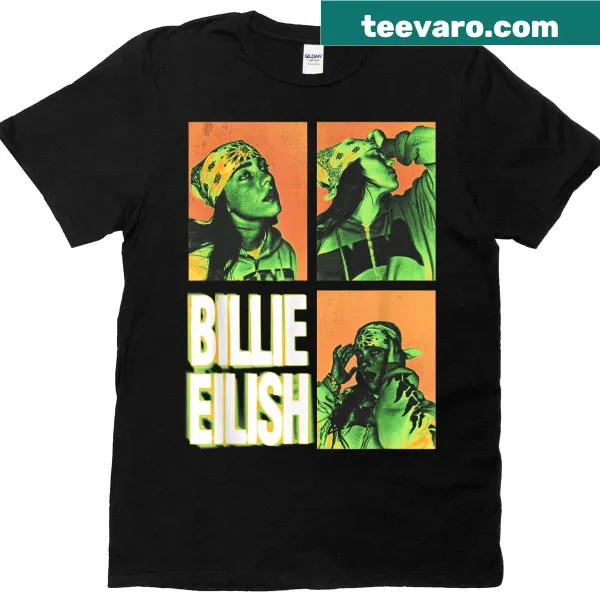 Minimalist Billie Eilish T-shirt with photo squares and hand-lettered text