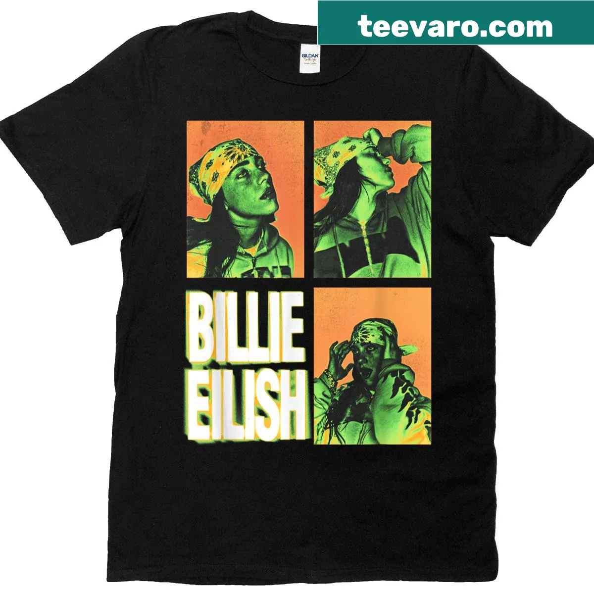 Minimalist Billie Eilish T-shirt with photo squares and hand-lettered text — on a men's t-shirt