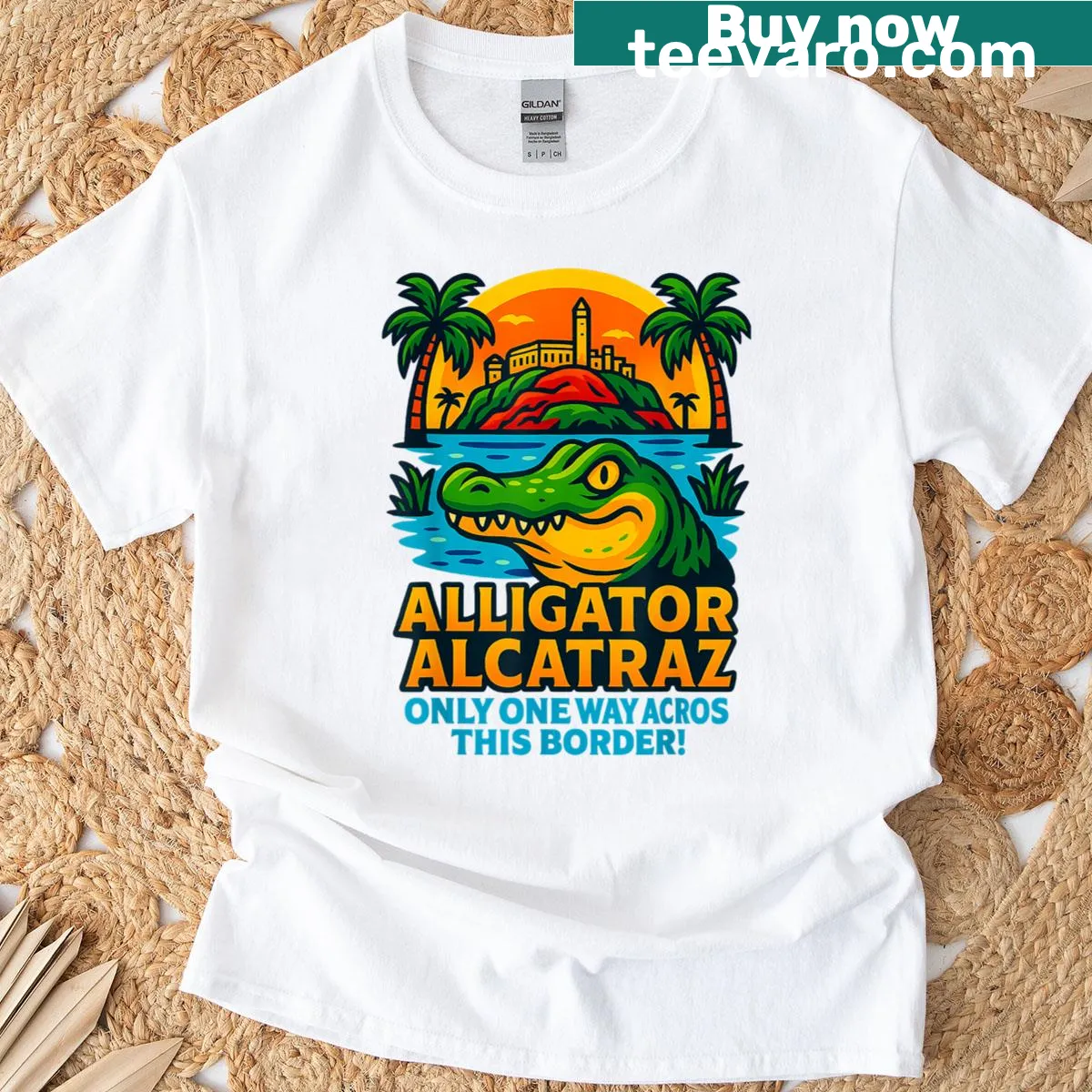 T-shirt with an alligator graphic and fun border crossing text — on a men's t-shirt
