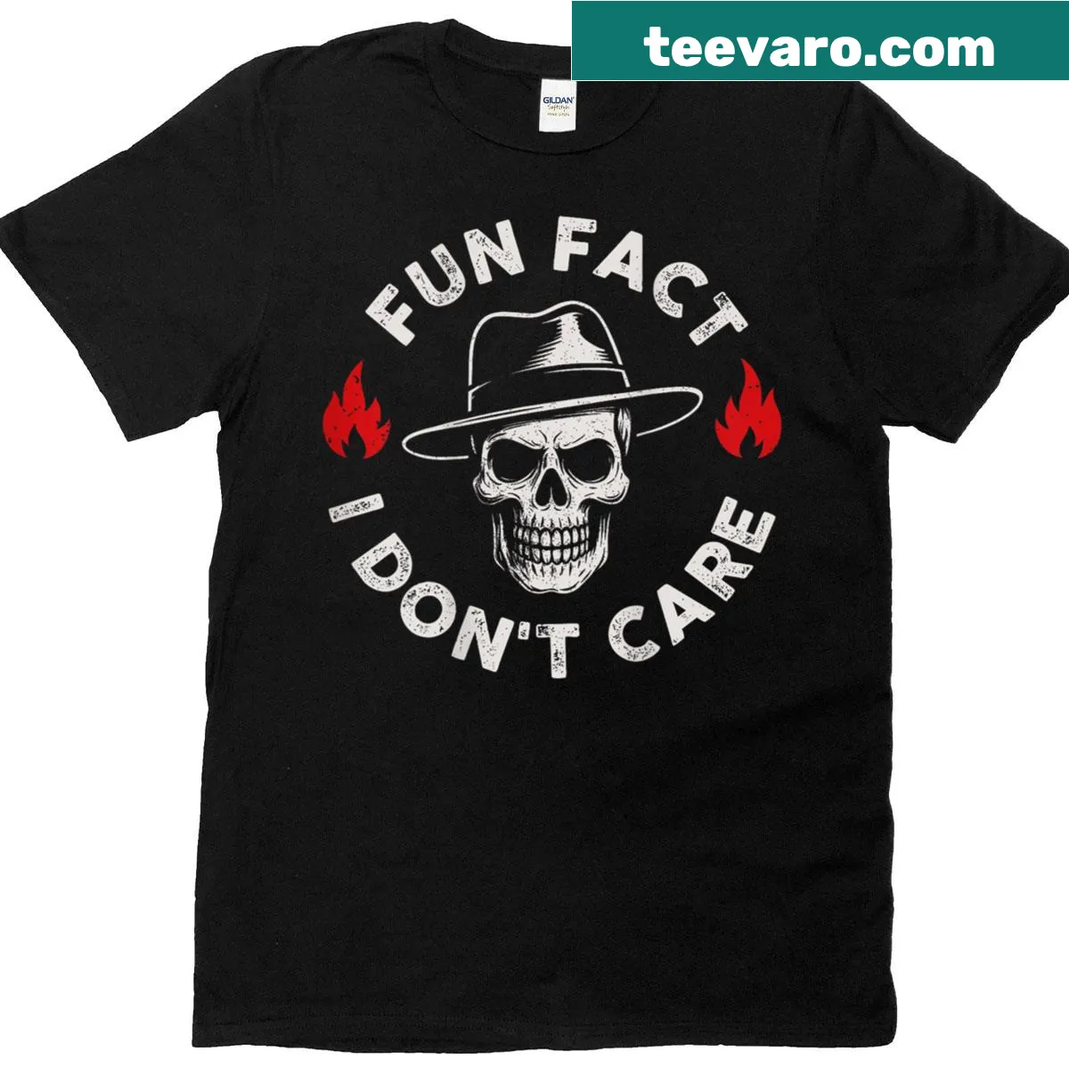 Funny skeleton t-shirt with sarcastic text 'Fun Fact I Don't Care' — on a men's t-shirt