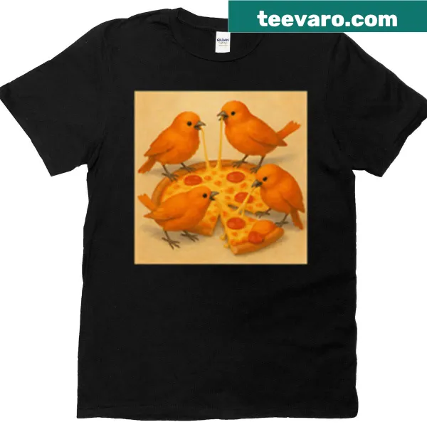 Cartoon of orange birds eating pizza on a T-shirt