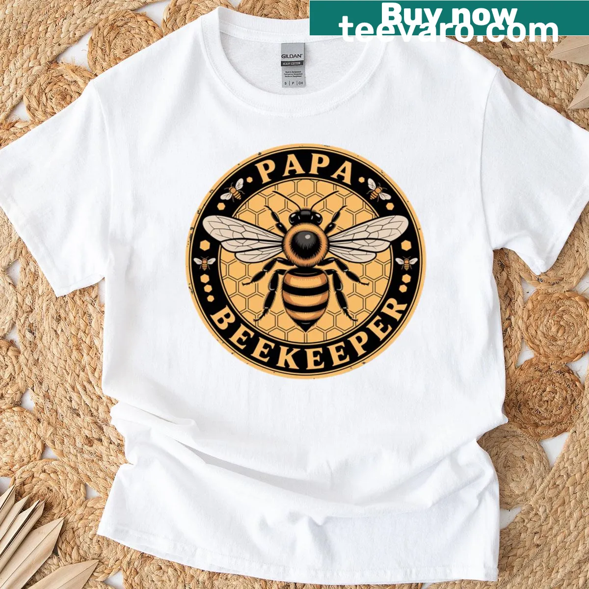 Distressed vintage t-shirt with Papa Beekeeper Bee Whisperer text — on a men's t-shirt