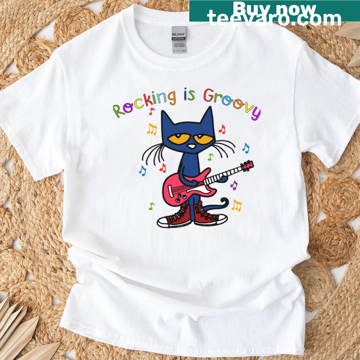 Illustrated Pete the Cat rocking in red shoes and pink guitar — on a men's t-shirt