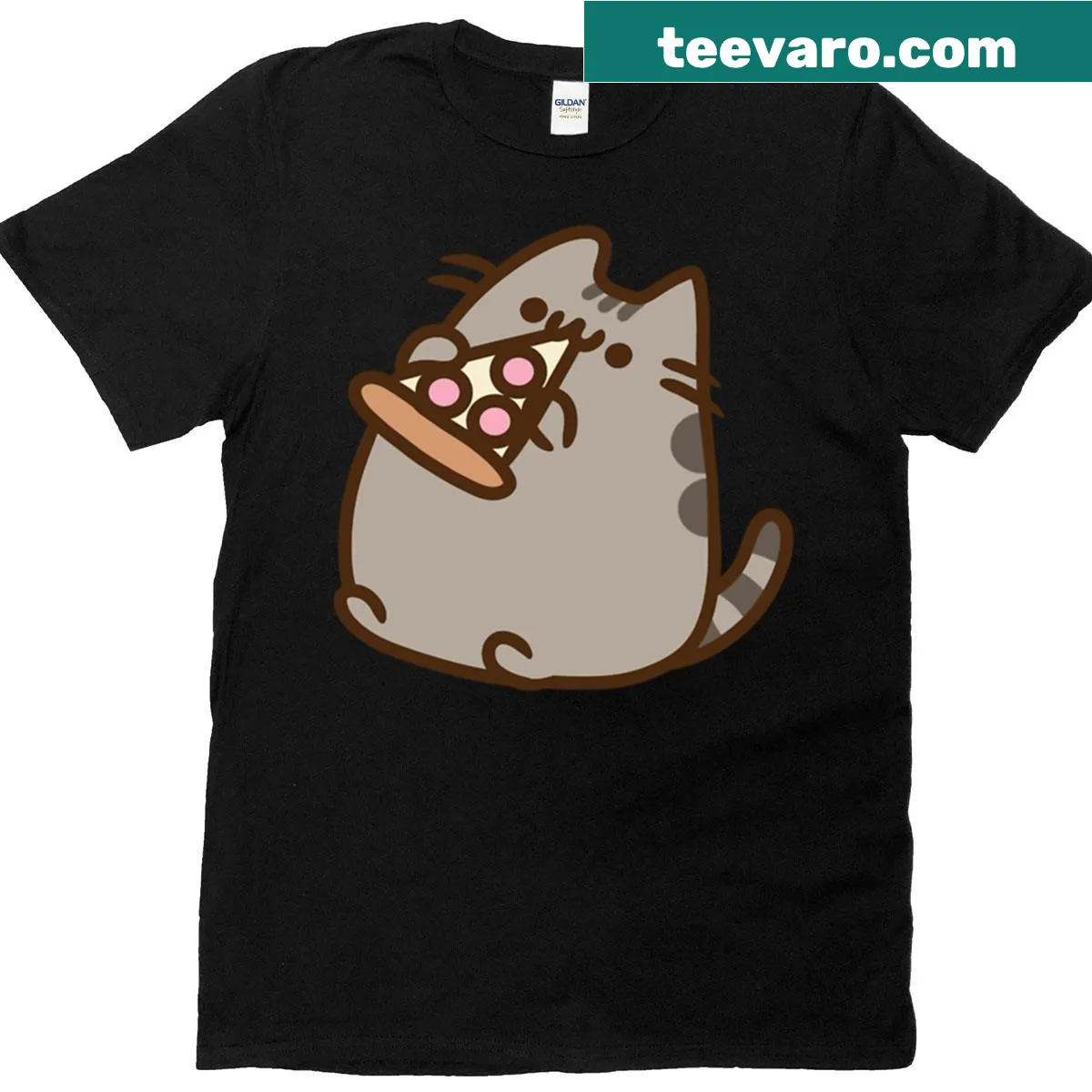 Pusheen cartoon enjoying pizza on a cute t-shirt — on a men's t-shirt