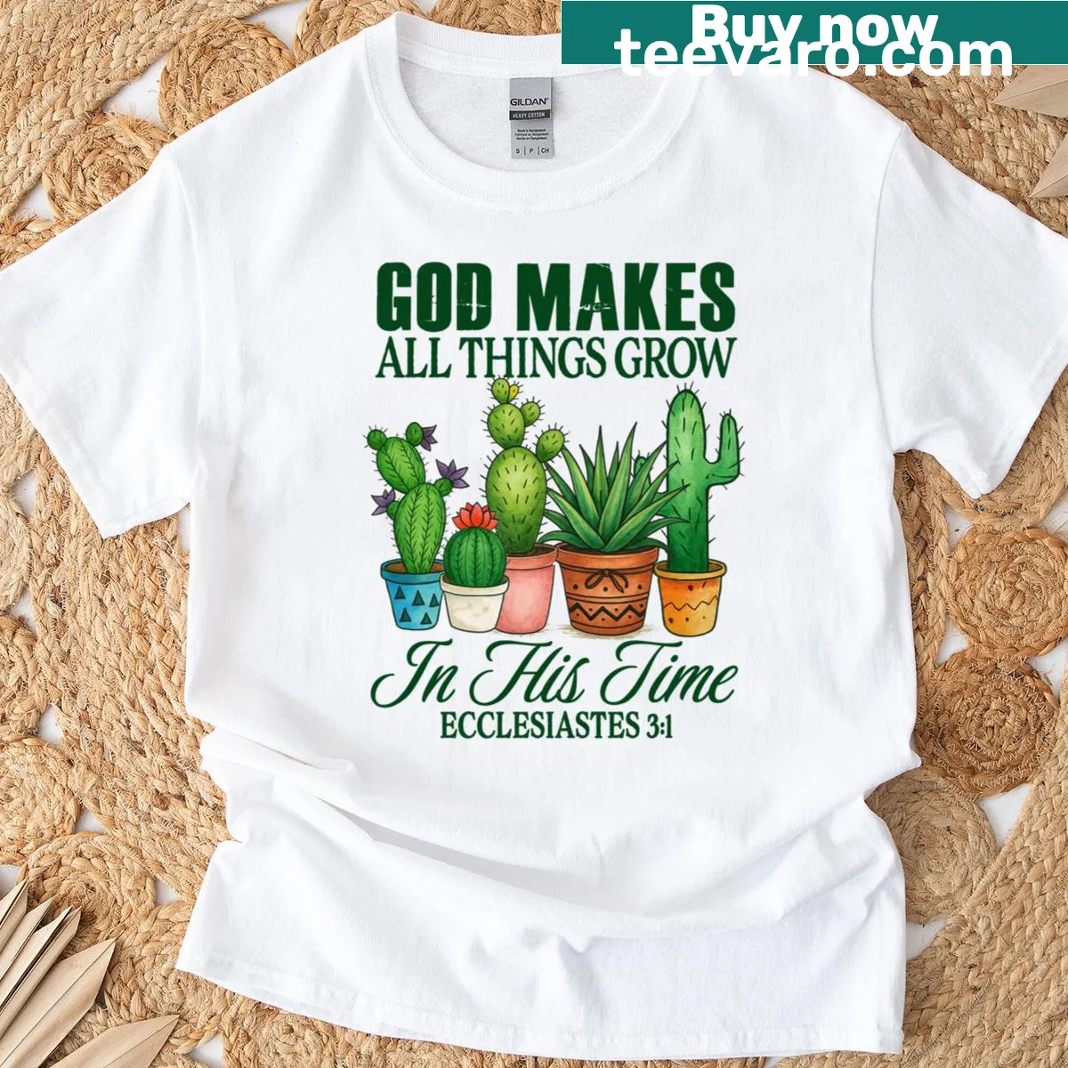 T-shirt with message about God's timing in growth, suitable for plant lovers — on a men's t-shirt
