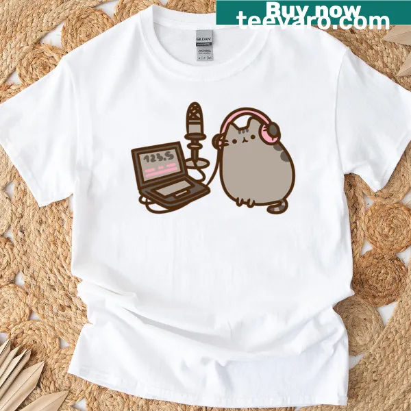 Pusheen cartoon graphic T-shirt featuring a podcast theme