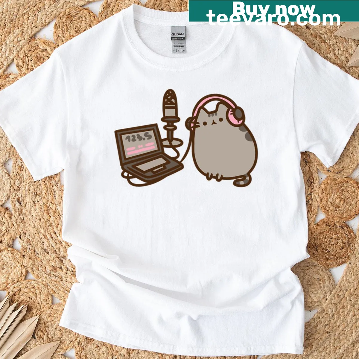 Pusheen cartoon graphic T-shirt featuring a podcast theme — on a men's t-shirt