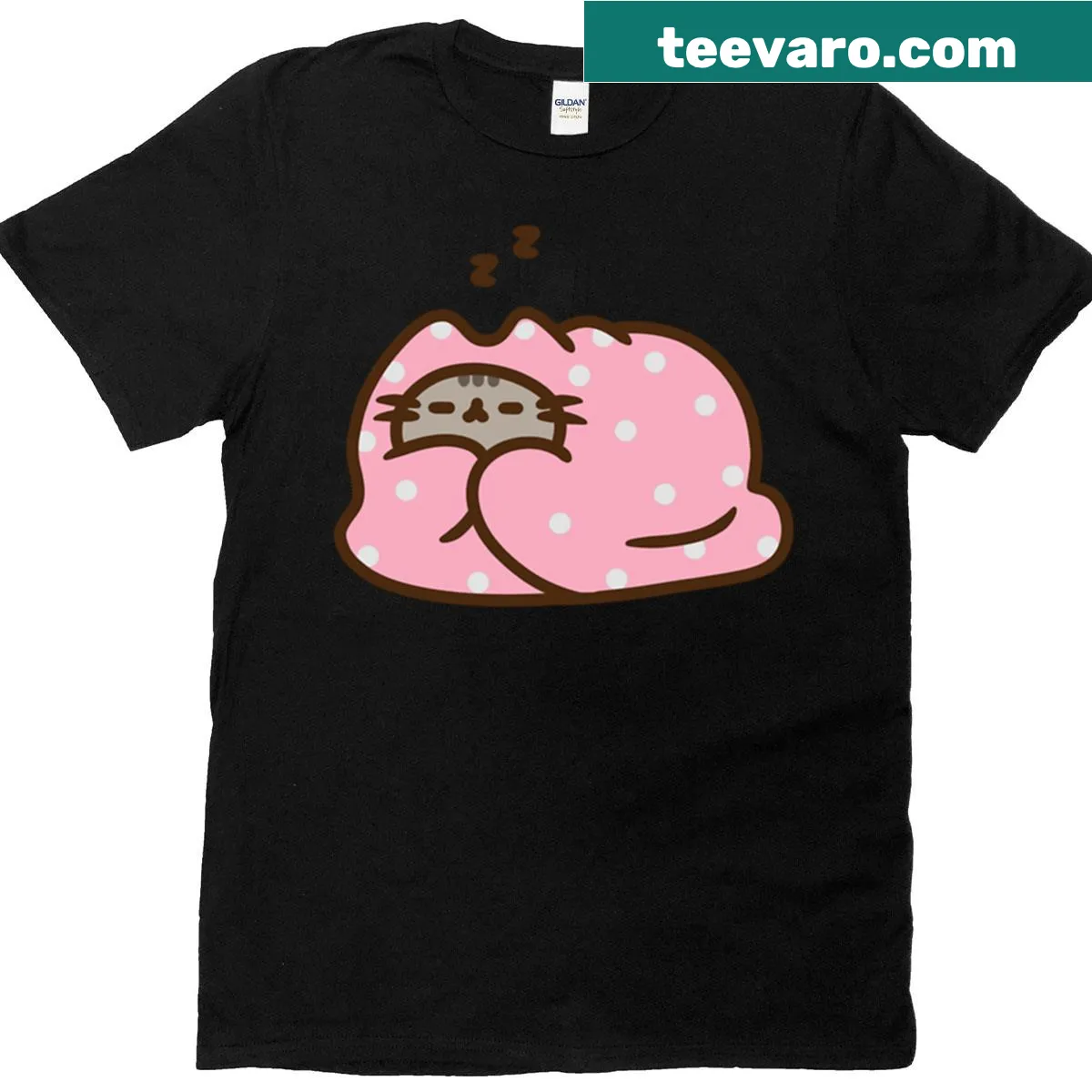 Cute Pusheen T-shirt featuring a cartoon blanket design. — on a men's t-shirt