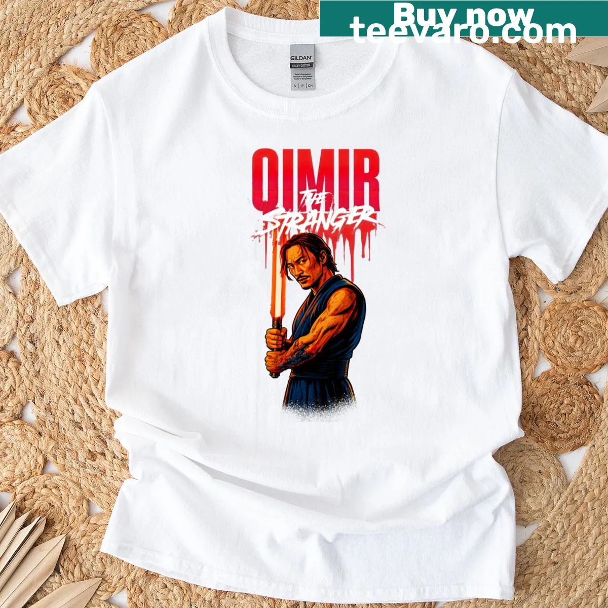 Illustrated T-shirt featuring the mysterious Qimir the Stranger — on a men's t-shirt