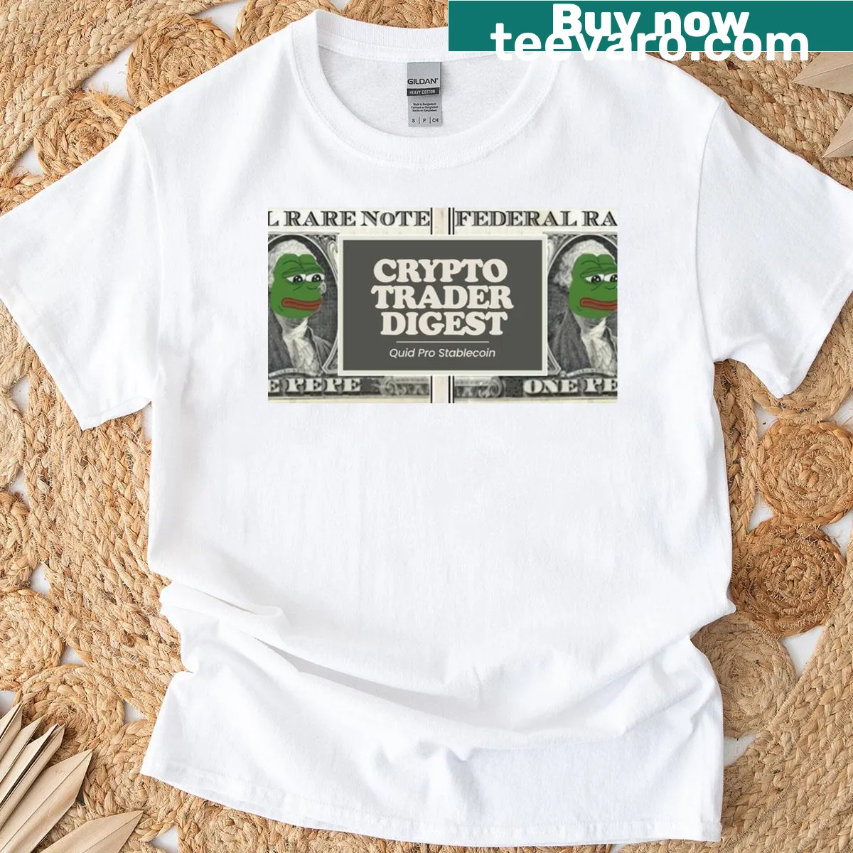 Quid Pro Stablecoin t-shirt with humorous graphic — on a men's t-shirt