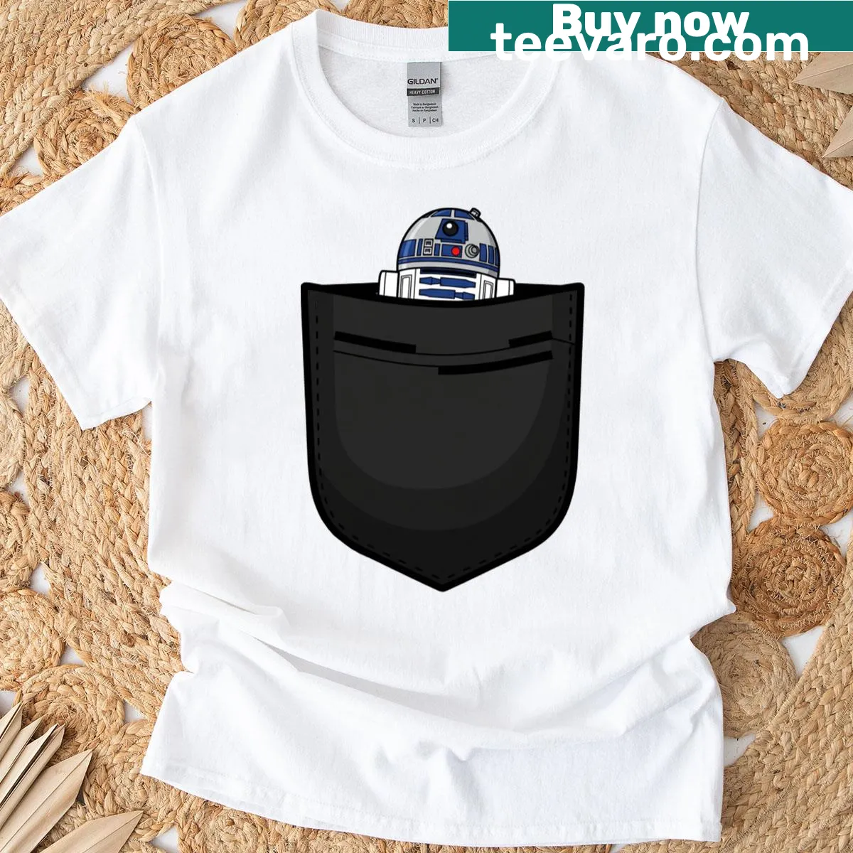 Graphic of an R2 unit designed to fit in a pocket on a t-shirt. — on a men's t-shirt