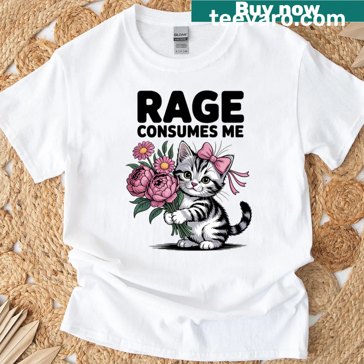 Cute angry cat with a flower bouquet graphic — on a men's t-shirt