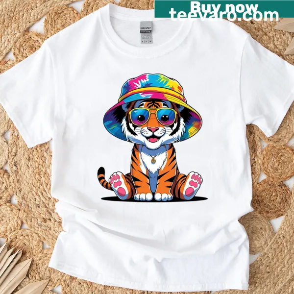 Cartoon tiger in bucket hat and shades