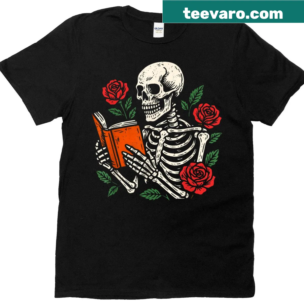 Skeleton reading a book with the phrase 'Read In Peace' — on a men's t-shirt