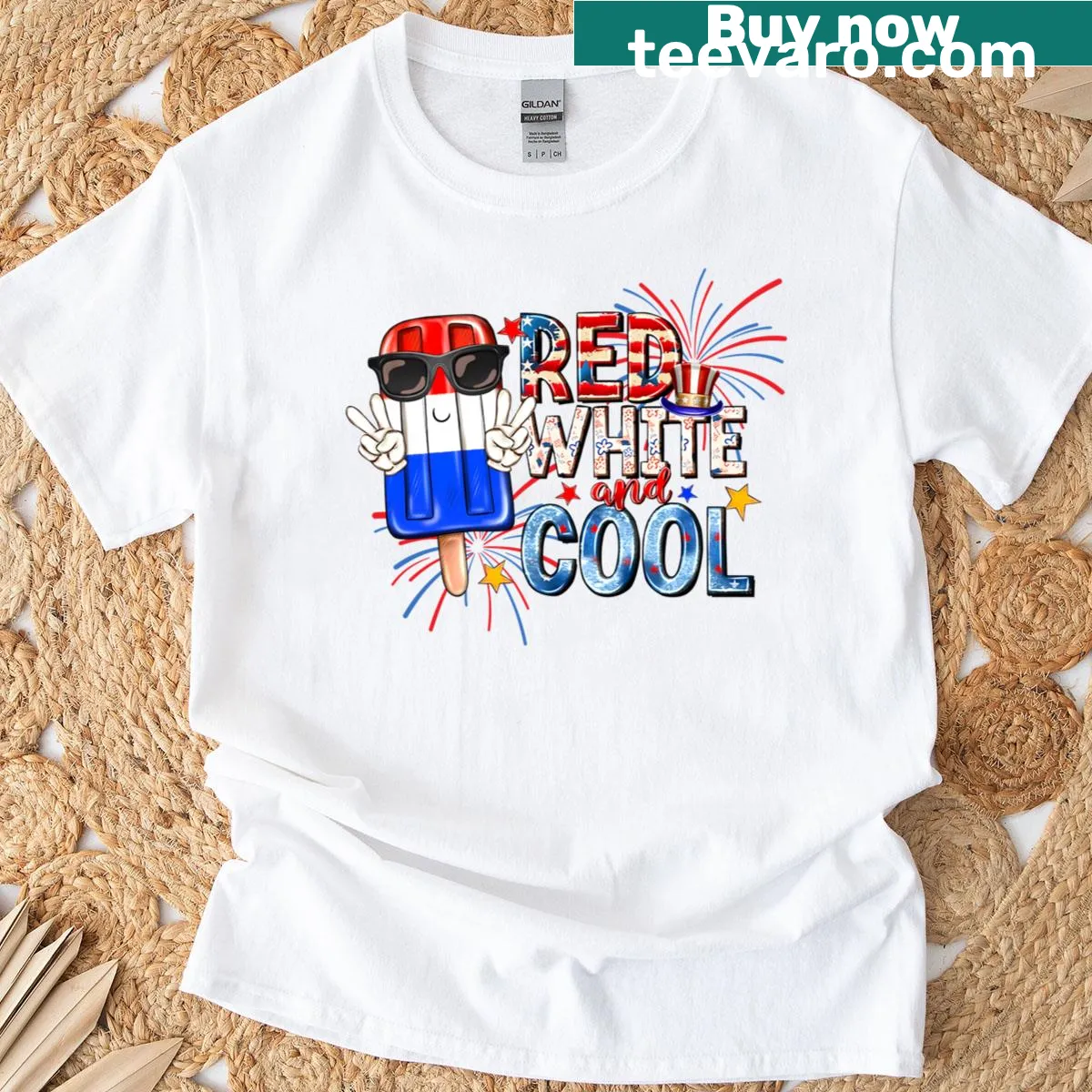 Illustrated popsicle with red, white, and blue text for 4th of July — on a men's t-shirt