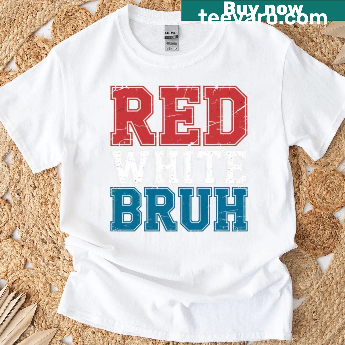 Typographic Red White Bruh t-shirt with humorous text — on a men's t-shirt