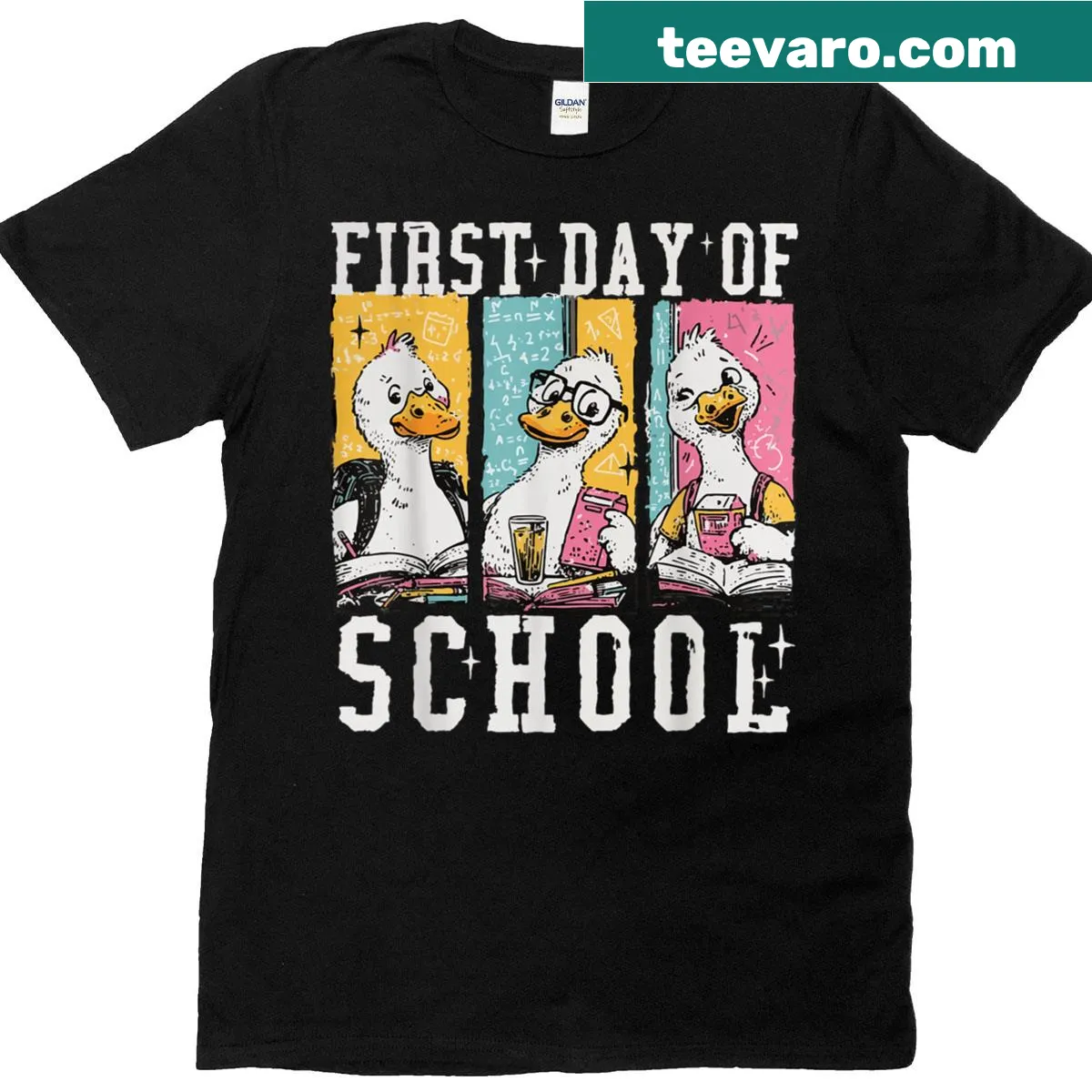 Funny cartoon goose design for a teacher on back-to-school T-shirt — on a men's t-shirt