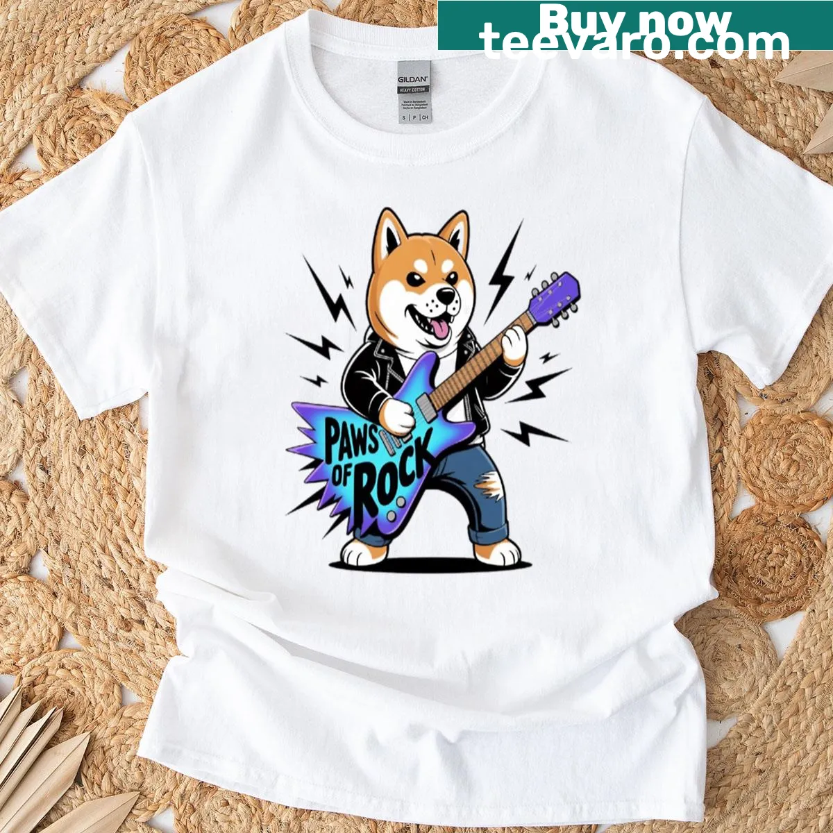 Cartoon Shiba Inu playing electric guitar on a T-shirt — on a men's t-shirt