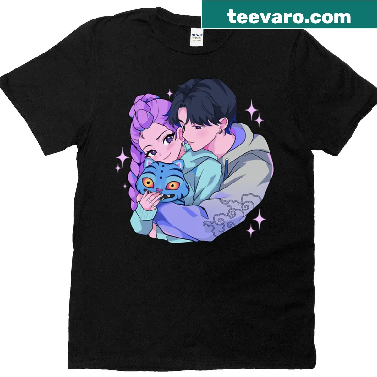 Playful design of Kpop Demon Hunter on T-shirt — on a men's t-shirt