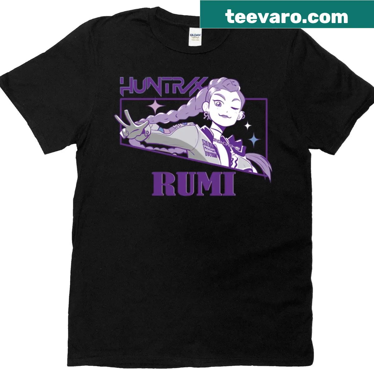 Graphic of Rumi and Huntrix characters on T-shirt — on a men's t-shirt