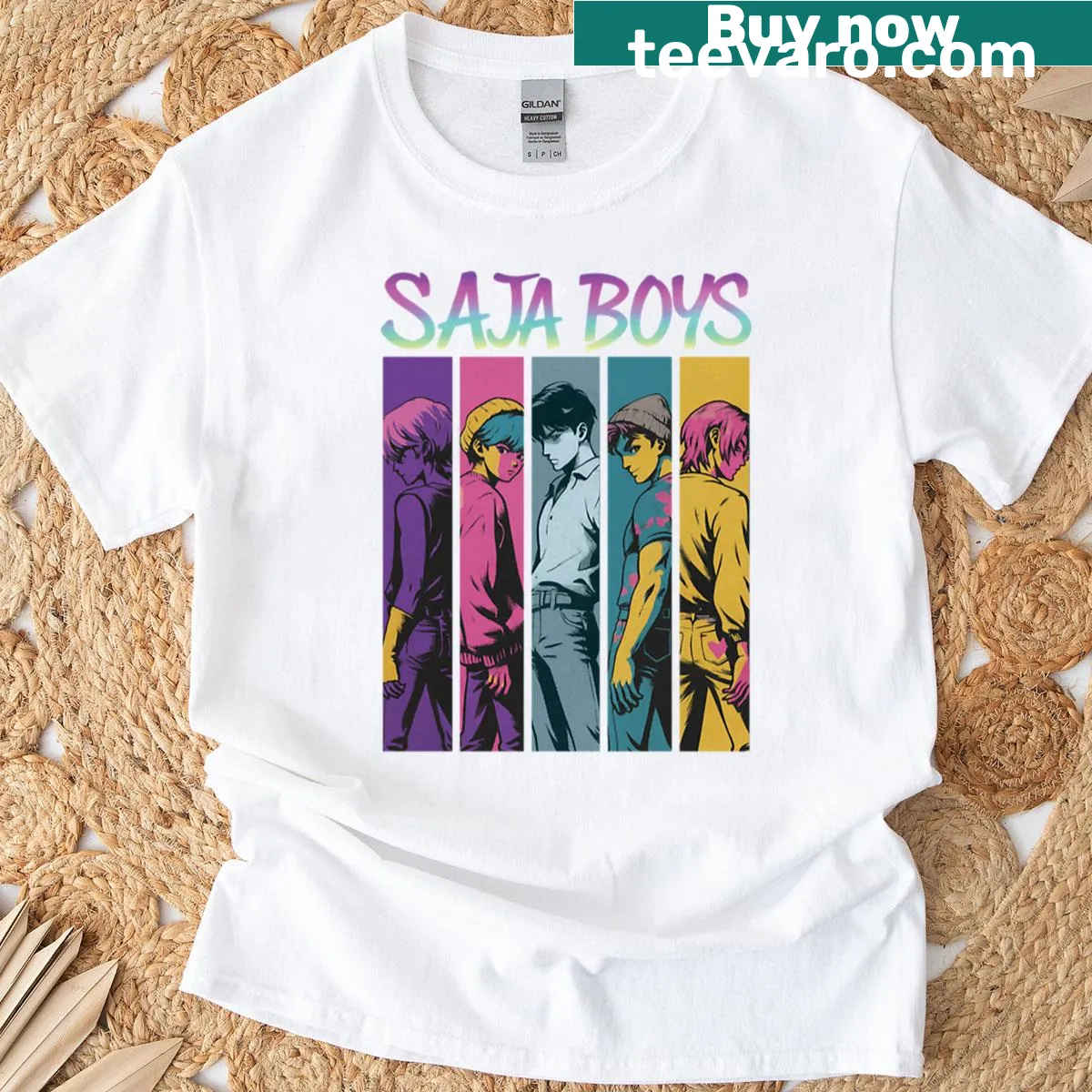 Saja Boy T-shirt featuring playful cartoon-style graphic — on a men's t-shirt