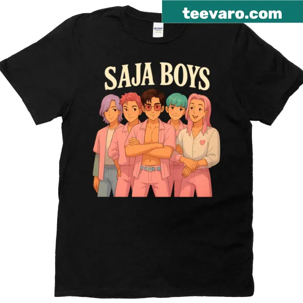 Saja Boys group portrait illustrated on an oversized kids' T-shirt