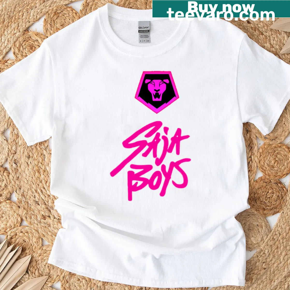 Saja Boys lion logo T-shirt featuring fierce design — on a men's t-shirt