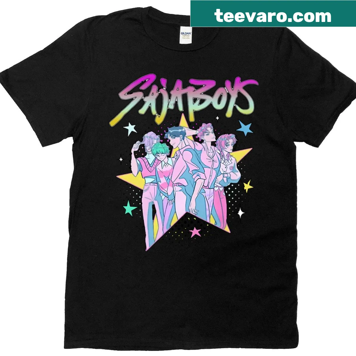 Neon star and demon hunter graphic on Saja Boys T-shirt — on a men's t-shirt