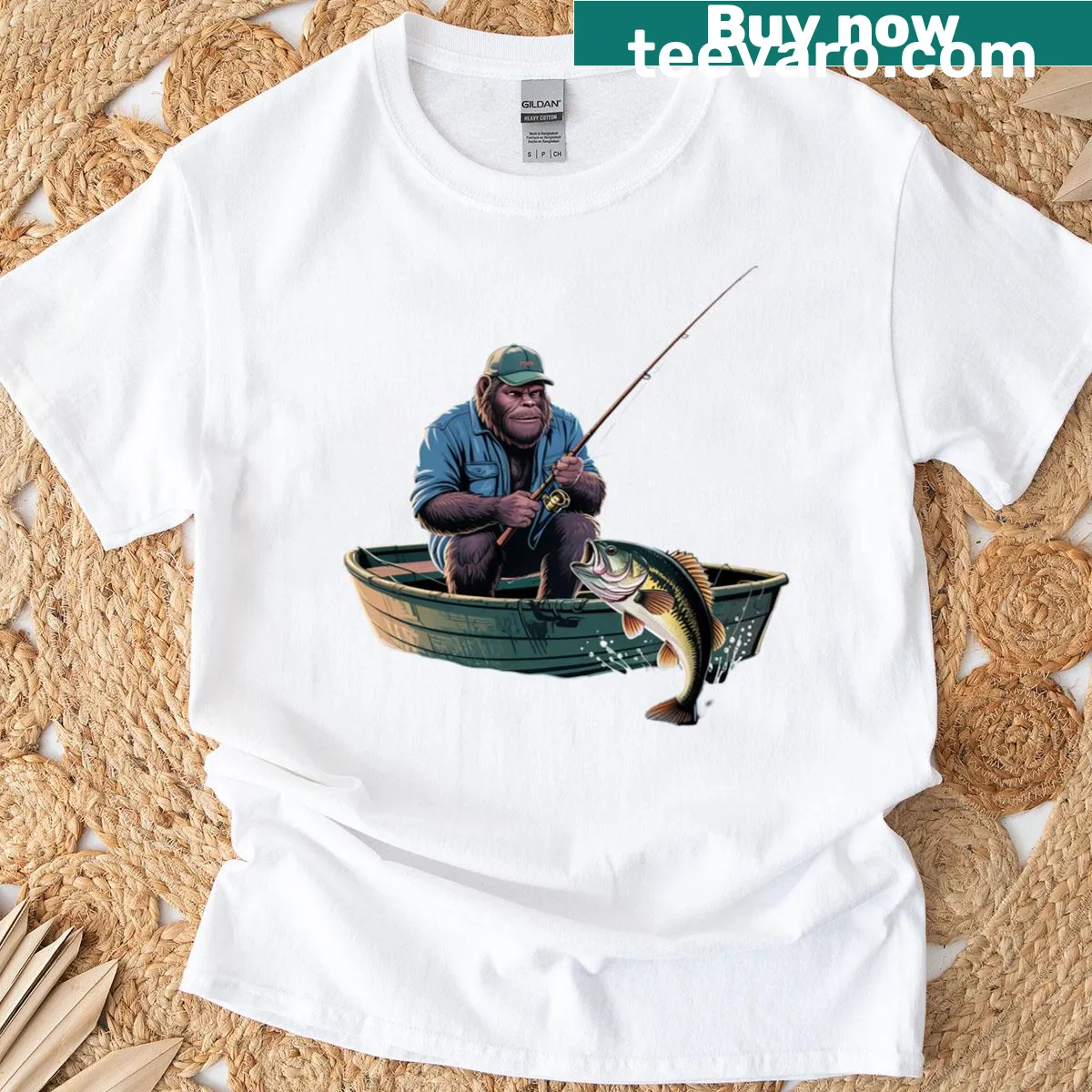Sasquatch fishing adventure T-shirt with playful design — on a men's t-shirt