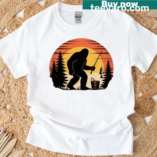 Cute Sasquatch fishing illustration for kids on t-shirt