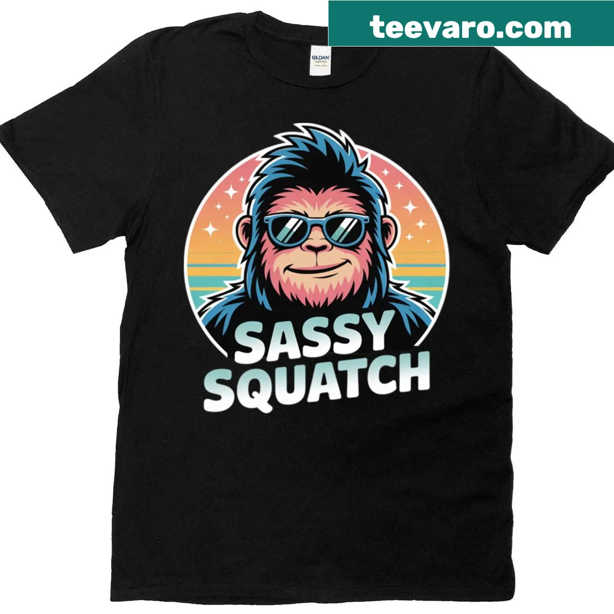 Cartoon Sassy Squatch graphic on Bigfoot humor T-shirt — on a men's t-shirt