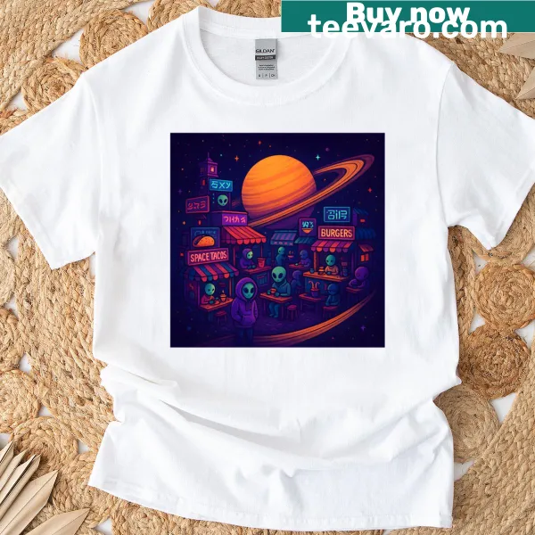 T-shirt with a whimsical graphic of Saturn's alien food market.