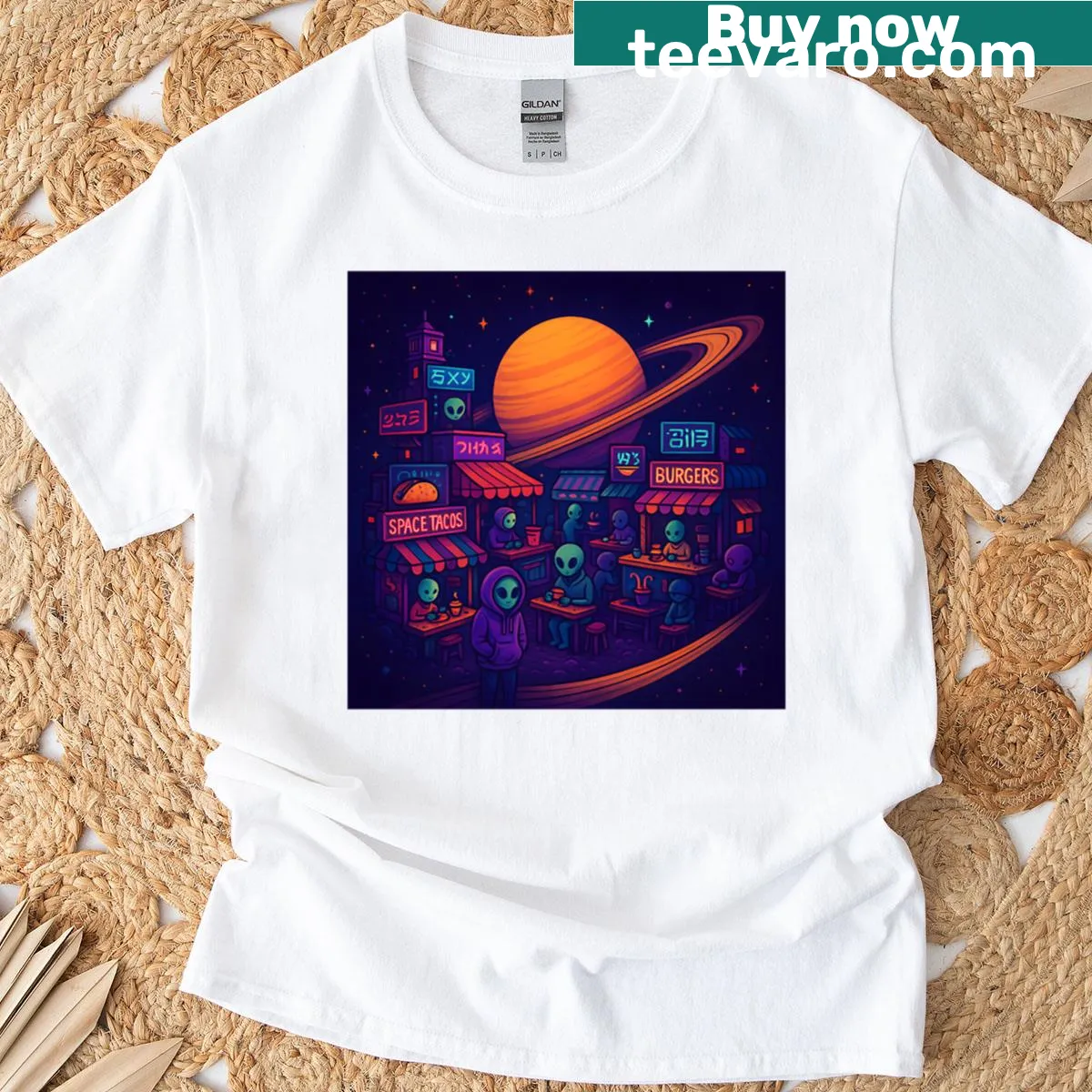 T-shirt with a whimsical graphic of Saturn's alien food market. — on a men's t-shirt