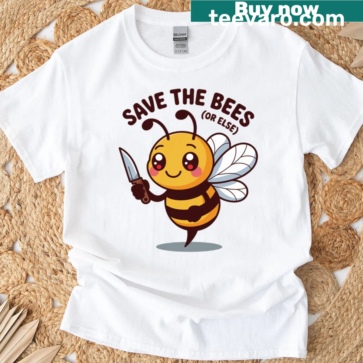 T-shirt featuring the text 'Save The Bees Or Else' in bold typography — on a men's t-shirt