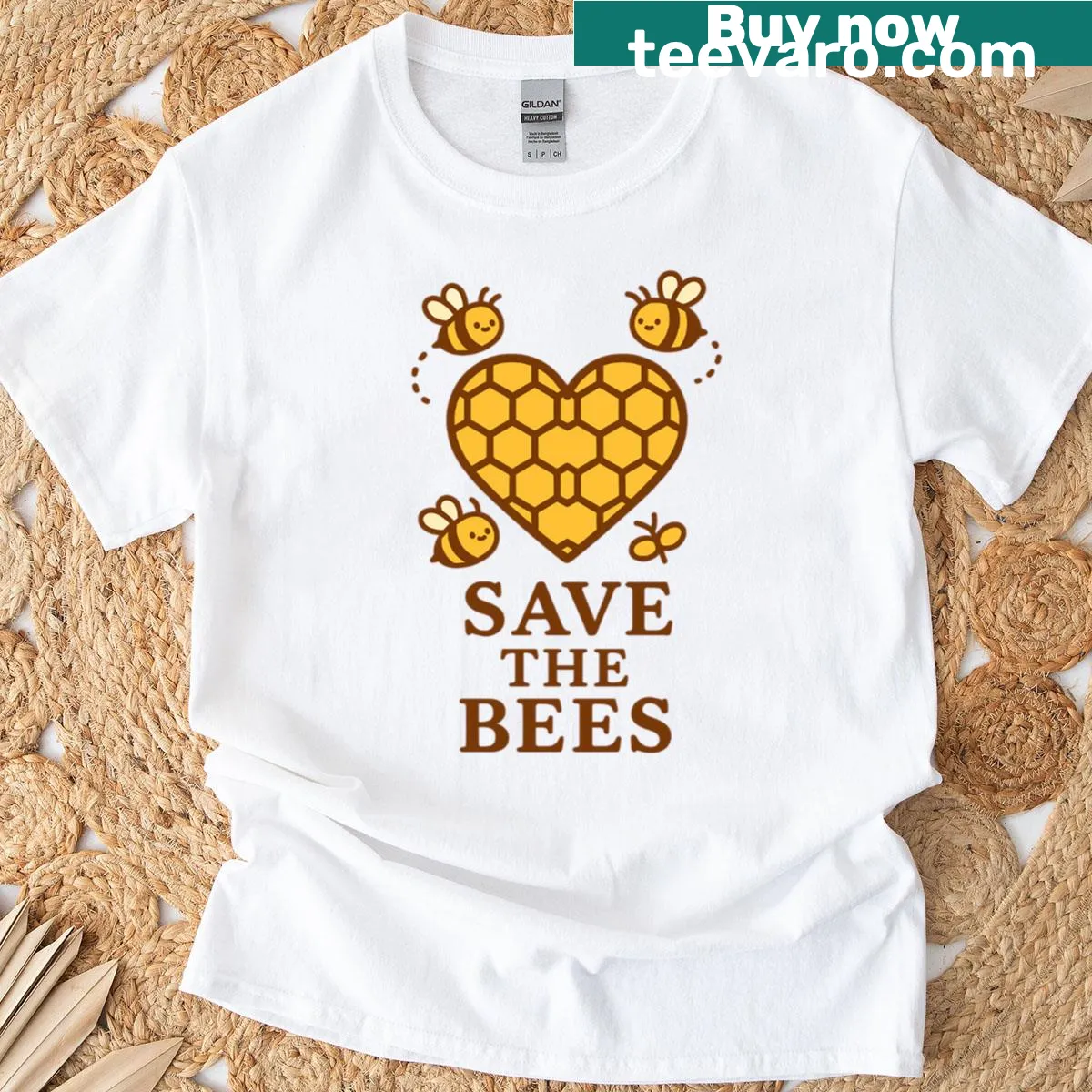 Honeycomb heart design with bees illustration on t-shirt — on a men's t-shirt