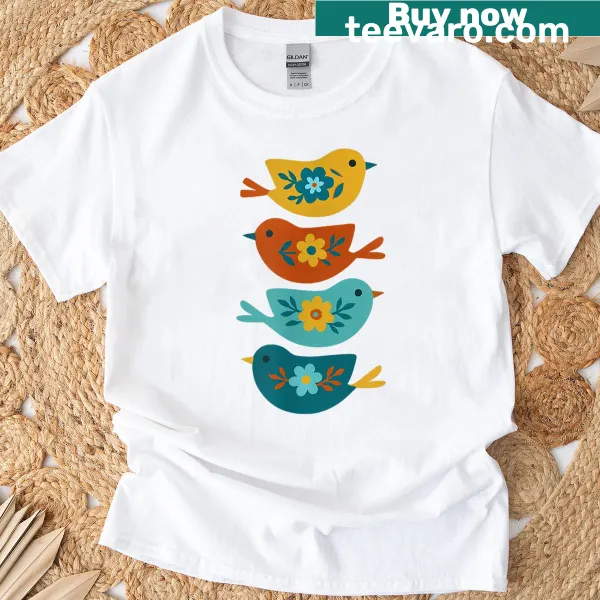 Scandinavian folk art bird design T-shirt celebrating nature