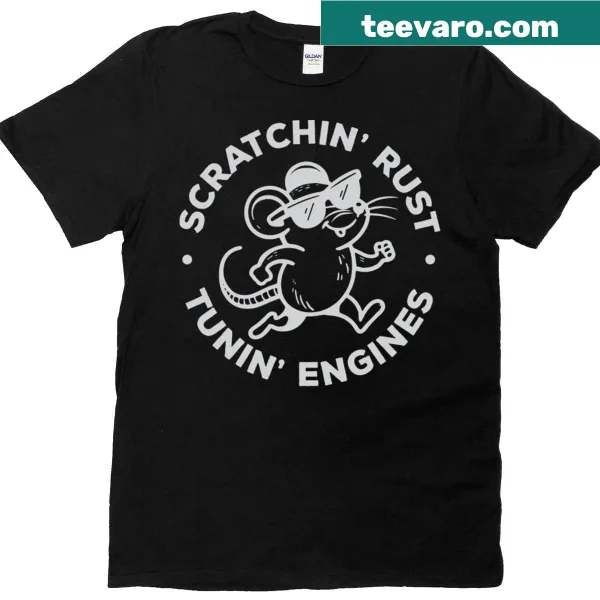Automotive-themed graphic on Scratchin Rust T-shirt