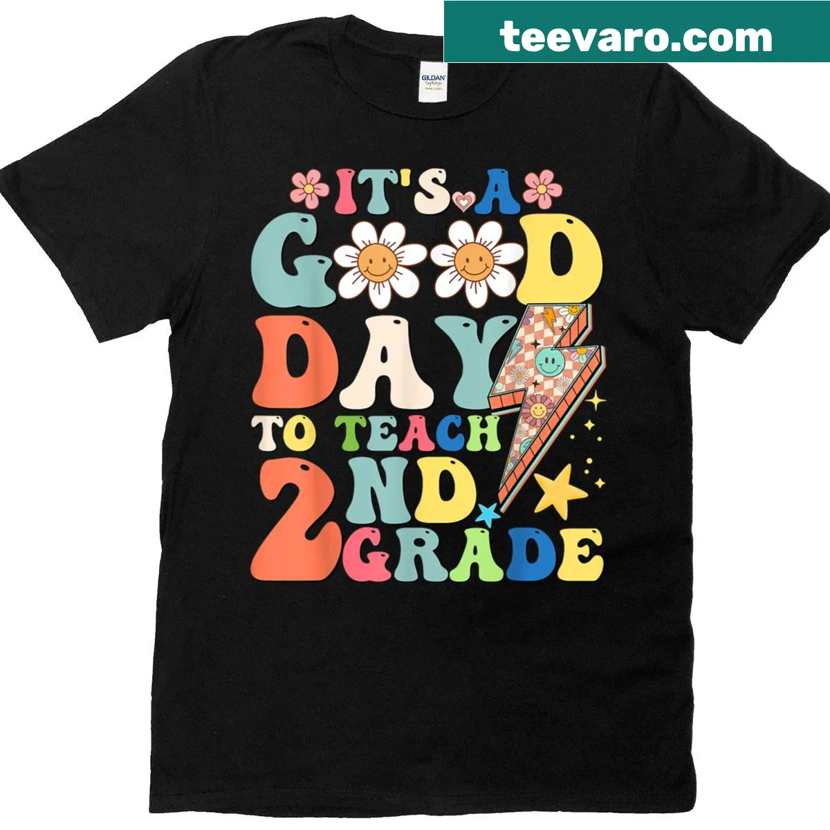 T-shirt featuring 'Second Grade Rainbow Teacher Team' text — on a men's t-shirt