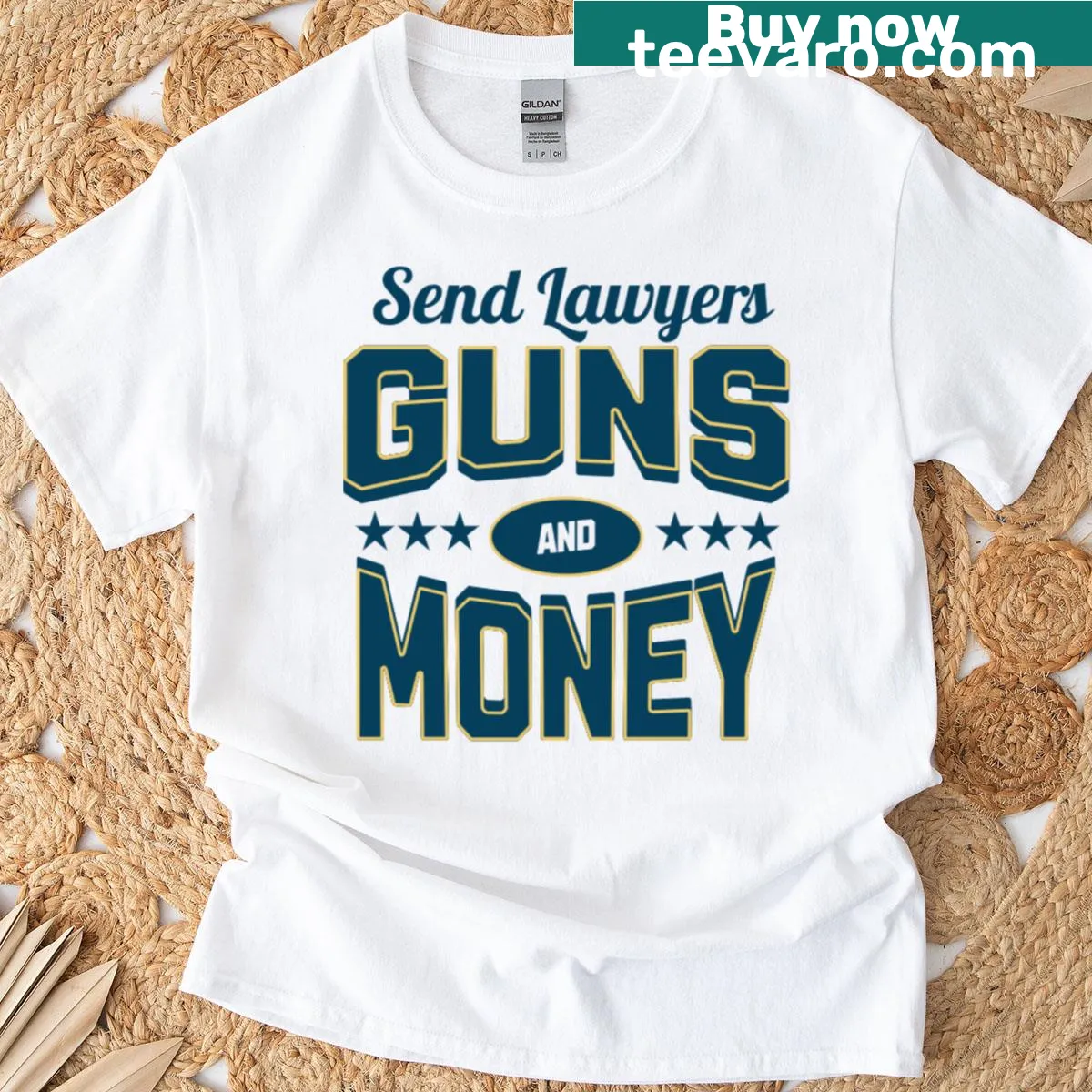 Humorous T-shirt with Send Lawyers Guns And Money text — on a men's t-shirt