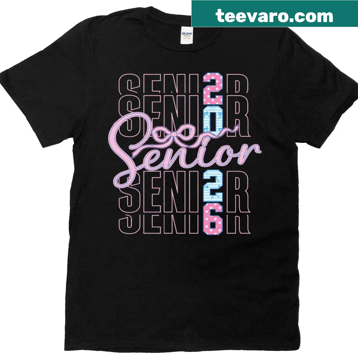Illustration of a pink bow and 'Class of 2026' text on T-shirt — on a men's t-shirt