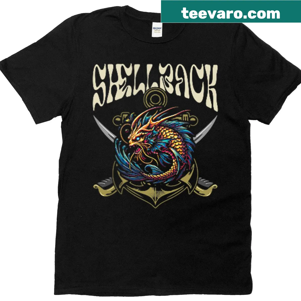 Illustrated equator crossing design on Shellback T-shirt — on a men's t-shirt