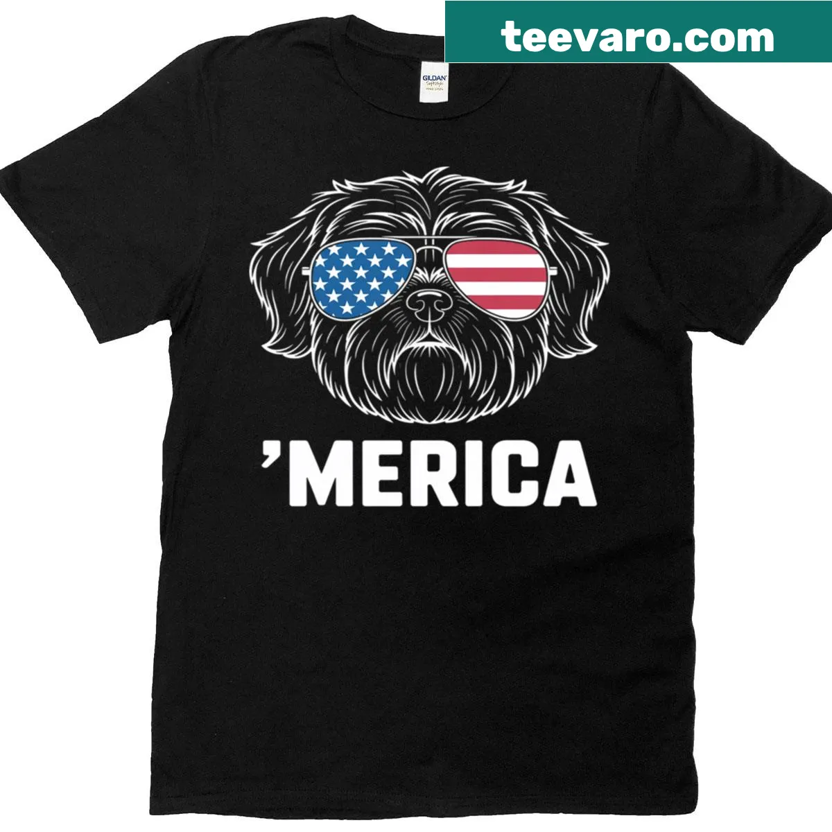 Patriotic T-shirt with 'Shih Tzu Merica' text for dog lovers — on a men's t-shirt