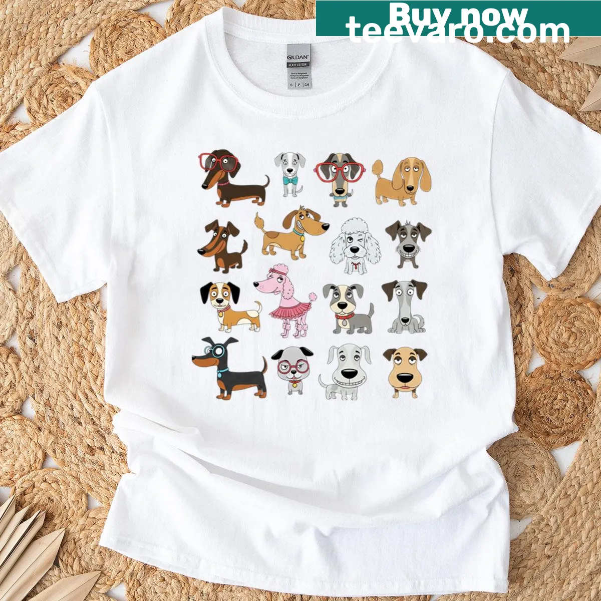 Illustrated t-shirt featuring silly dogs with funny expressions — on a men's t-shirt