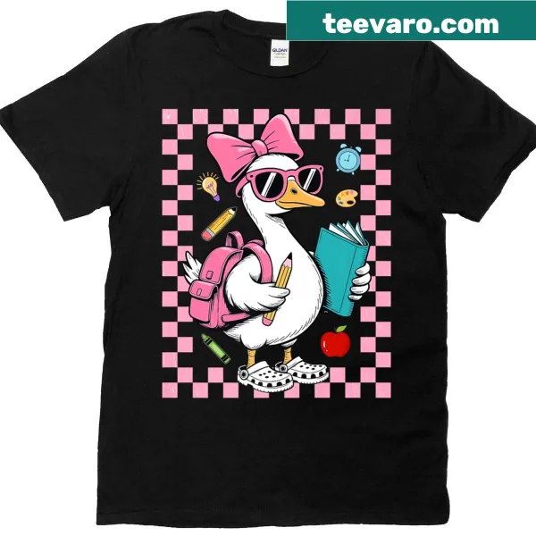 Cartoon silly goose in checkered design on a kids' t-shirt