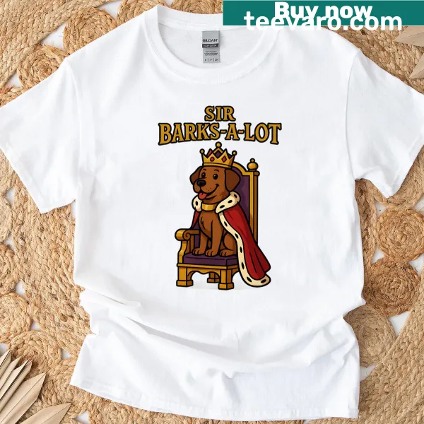 Cartoon dog graphic with the name 'Sir Barks-a-lot' on a t-shirt.